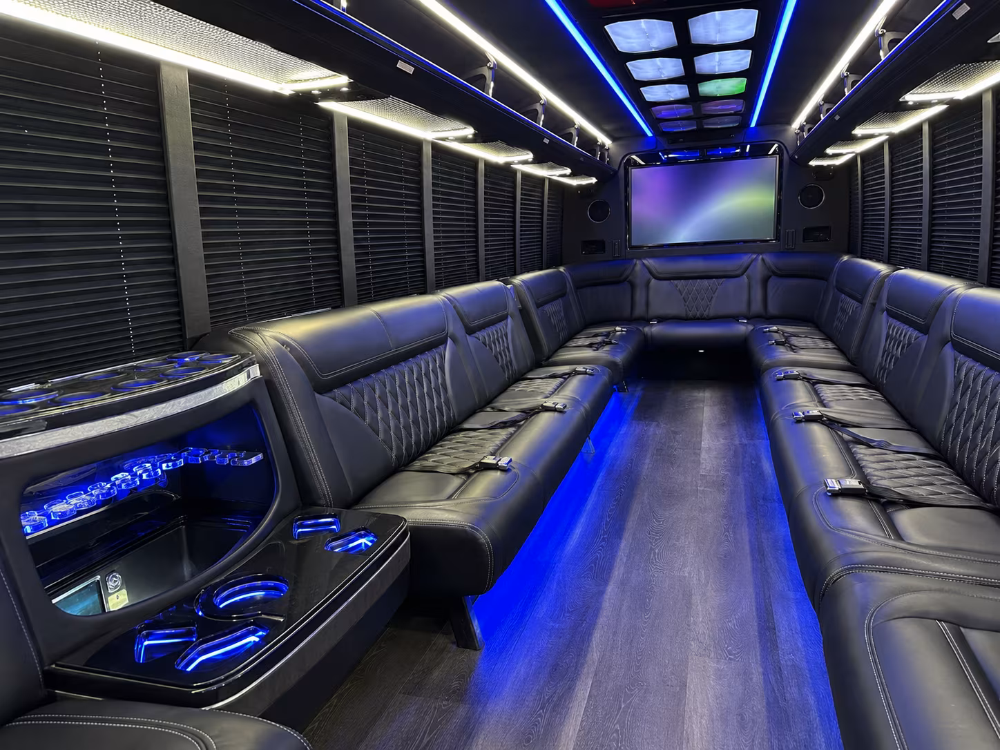milford 20 passenger party bus inside