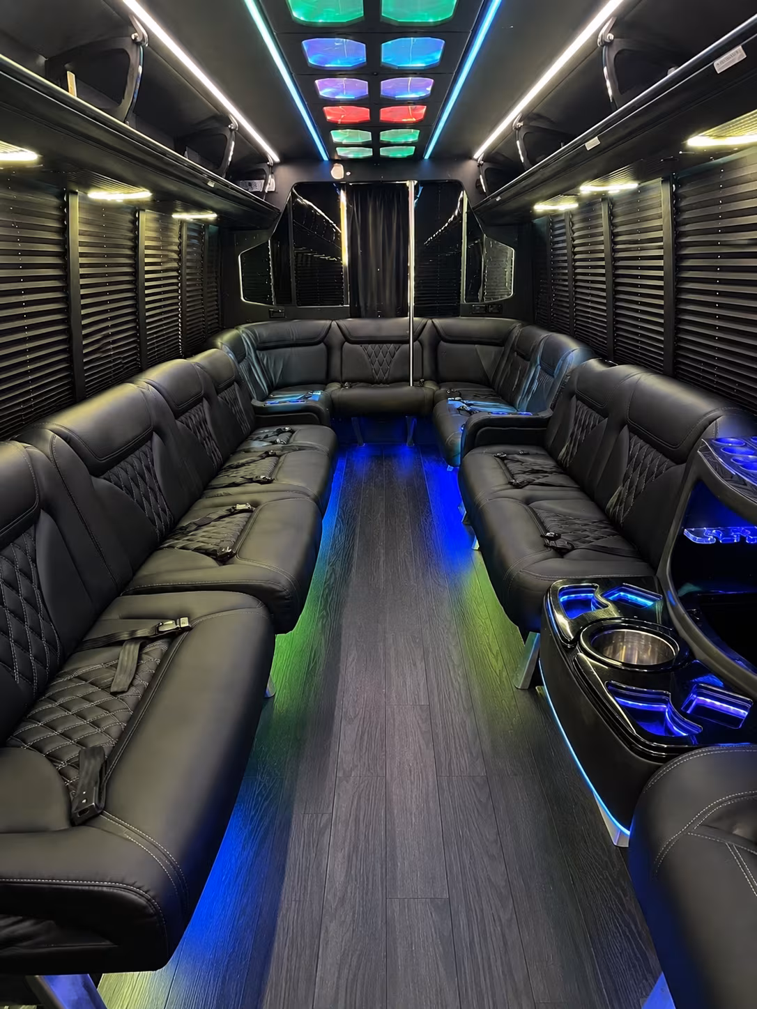 milford 20 passenger party bus interior