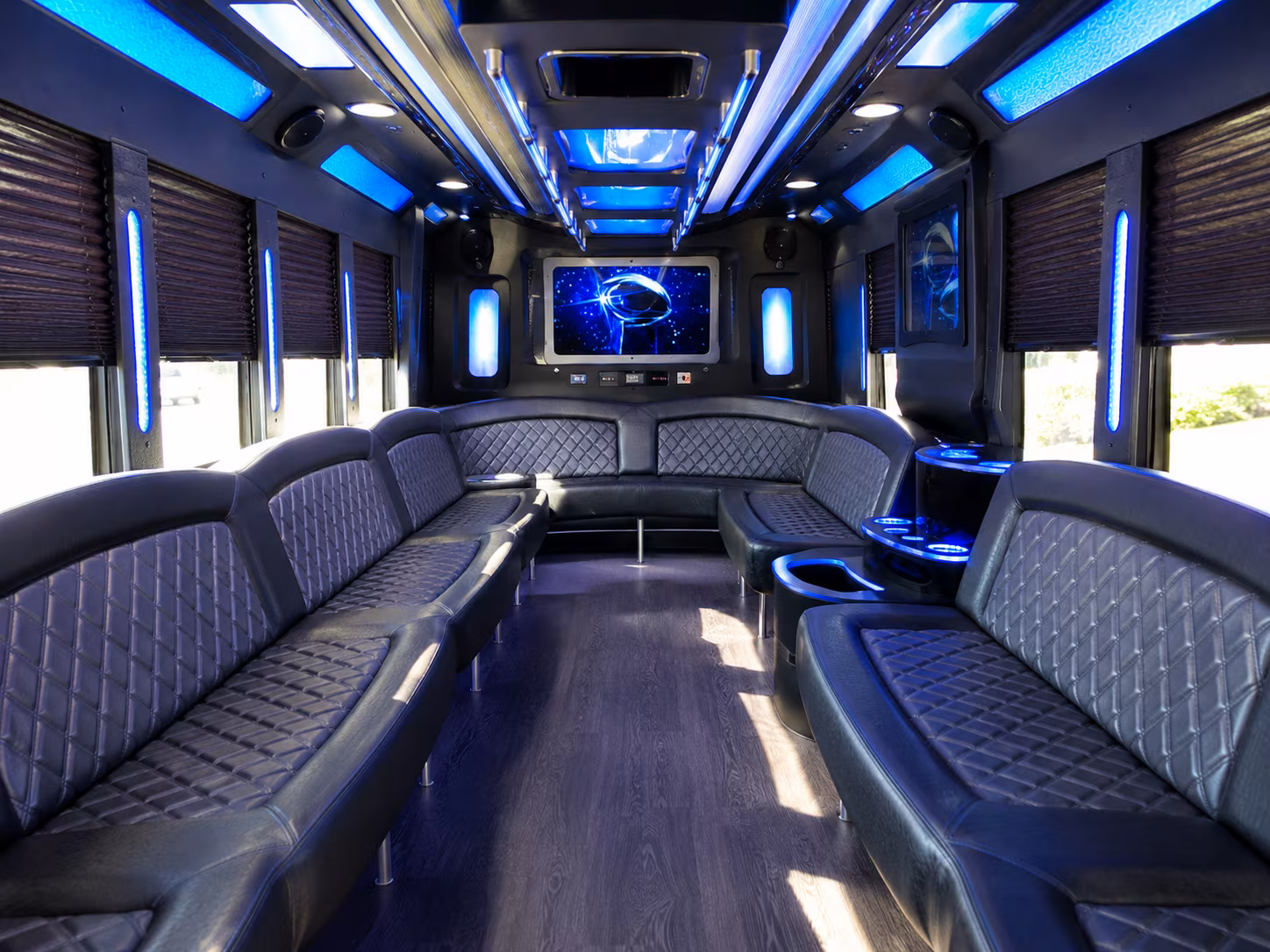 milford 28 passenger party bus inside