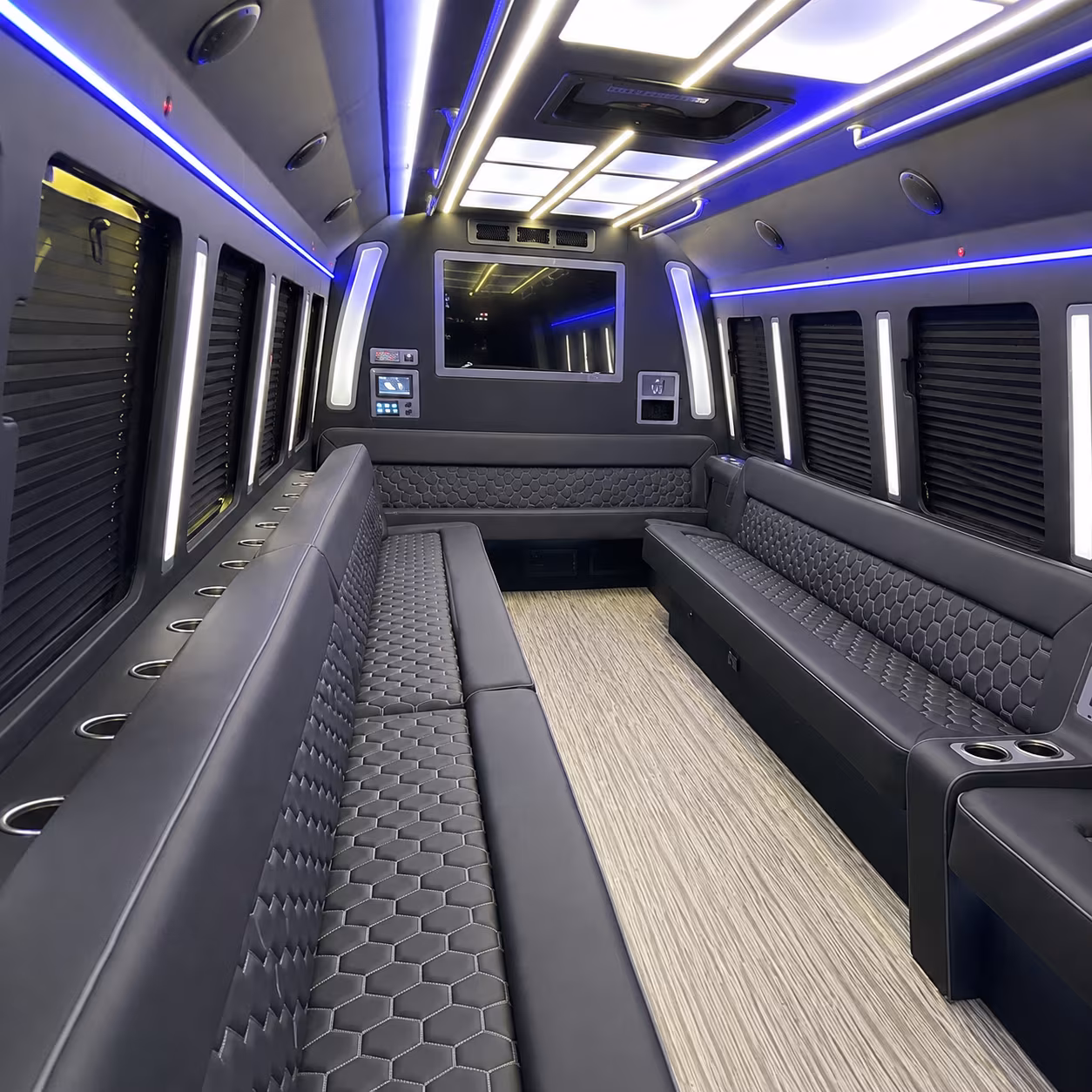 milford 40 passenger party bus inside