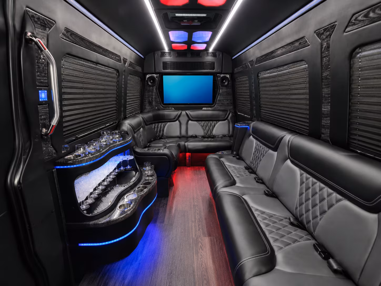 milford 50 passenger party bus inside